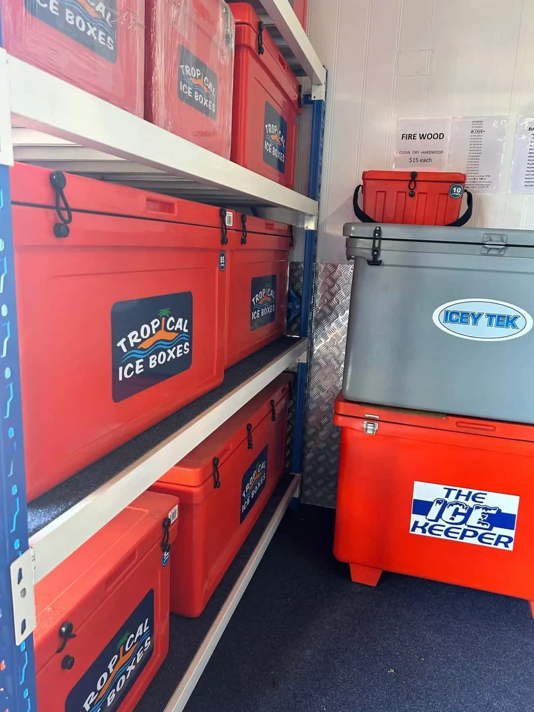 A Row of Tropical Ice Boxes Are Lined Up on Shelves — Bundy Ice in Hervey Bay, QLD