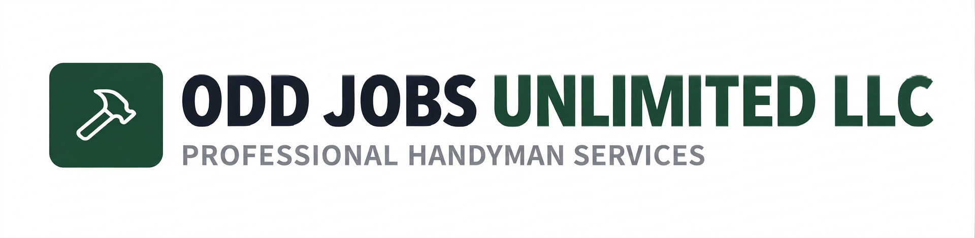 Logo for Odd Jobs Unlimited LLC with a hammer icon on a dark green square and text in green and black.