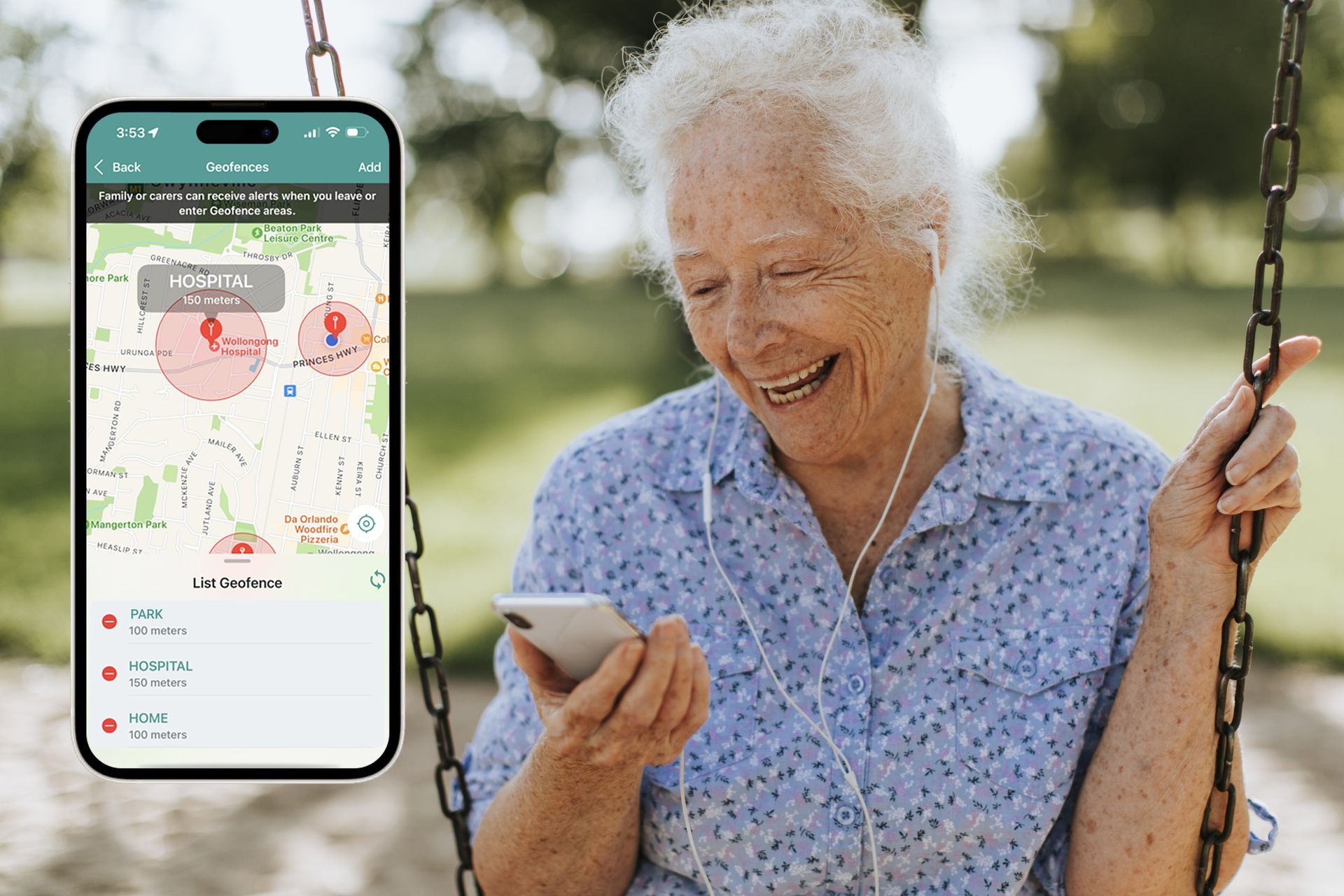 An elderly woman is sitting on a swing looking at her cell phone.