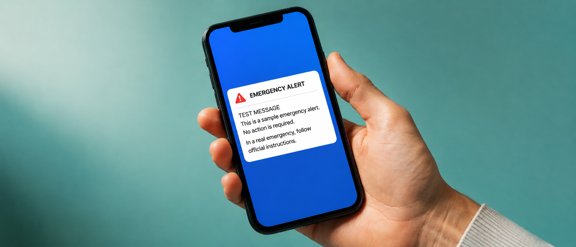 Hand holding smartphone showing a warning pop-up on a blue screen