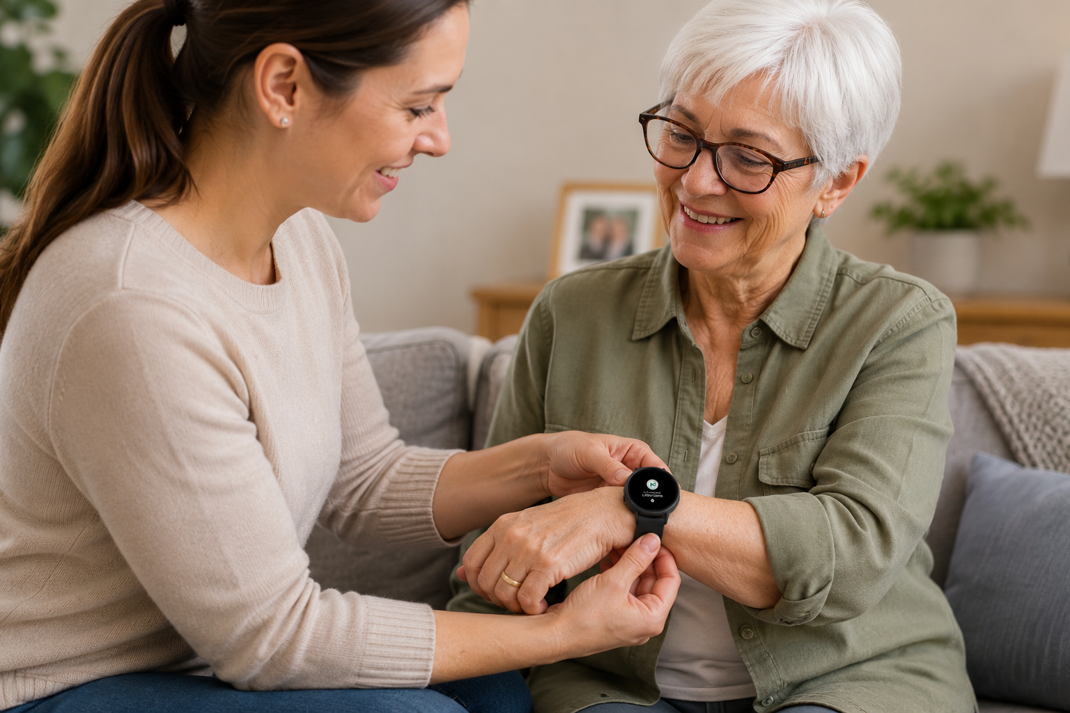 Woman helping an older woman put on a wrist device on a couch