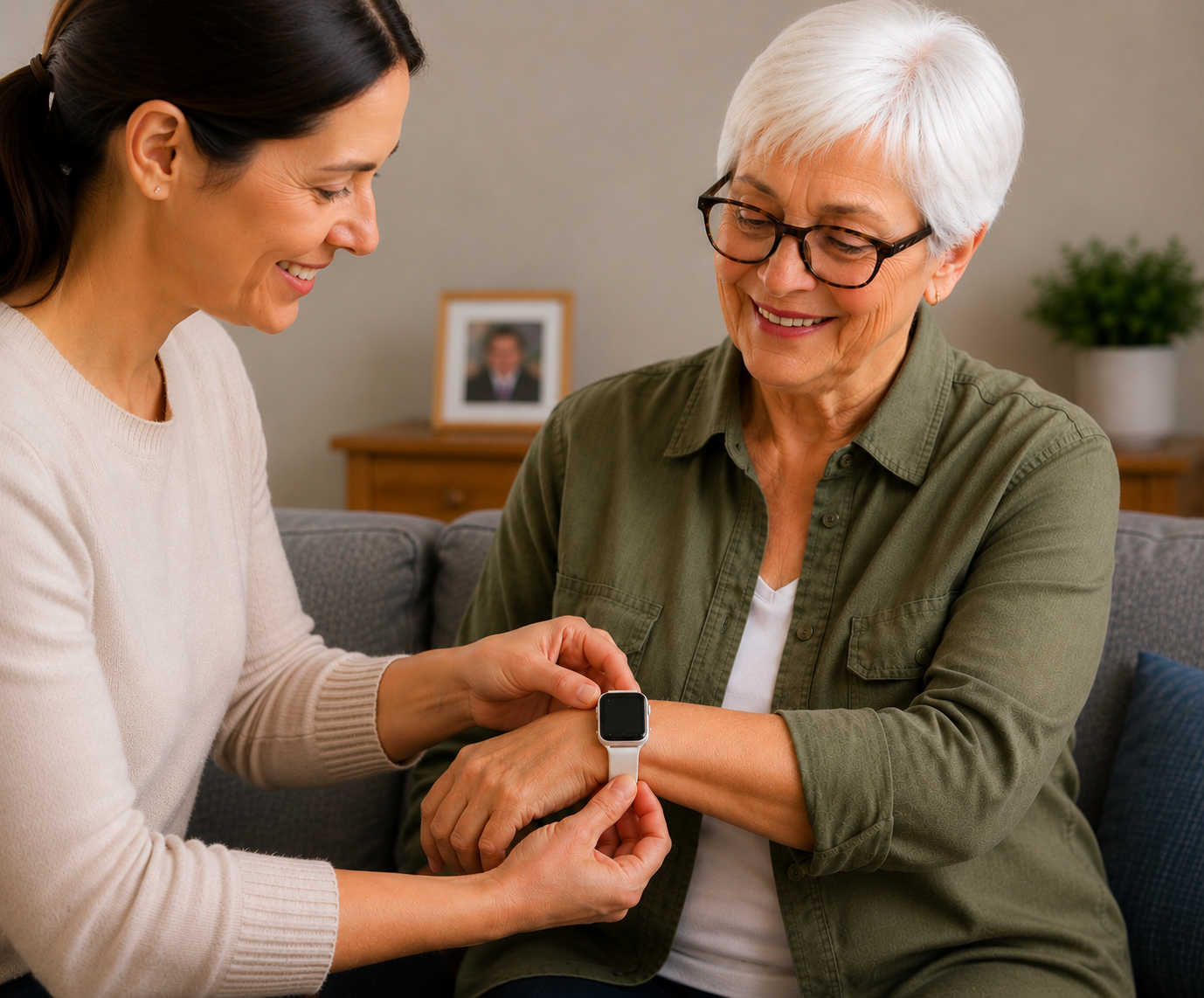 Two women at home examining a smartwatch on an older woman’s wrist, smiling together