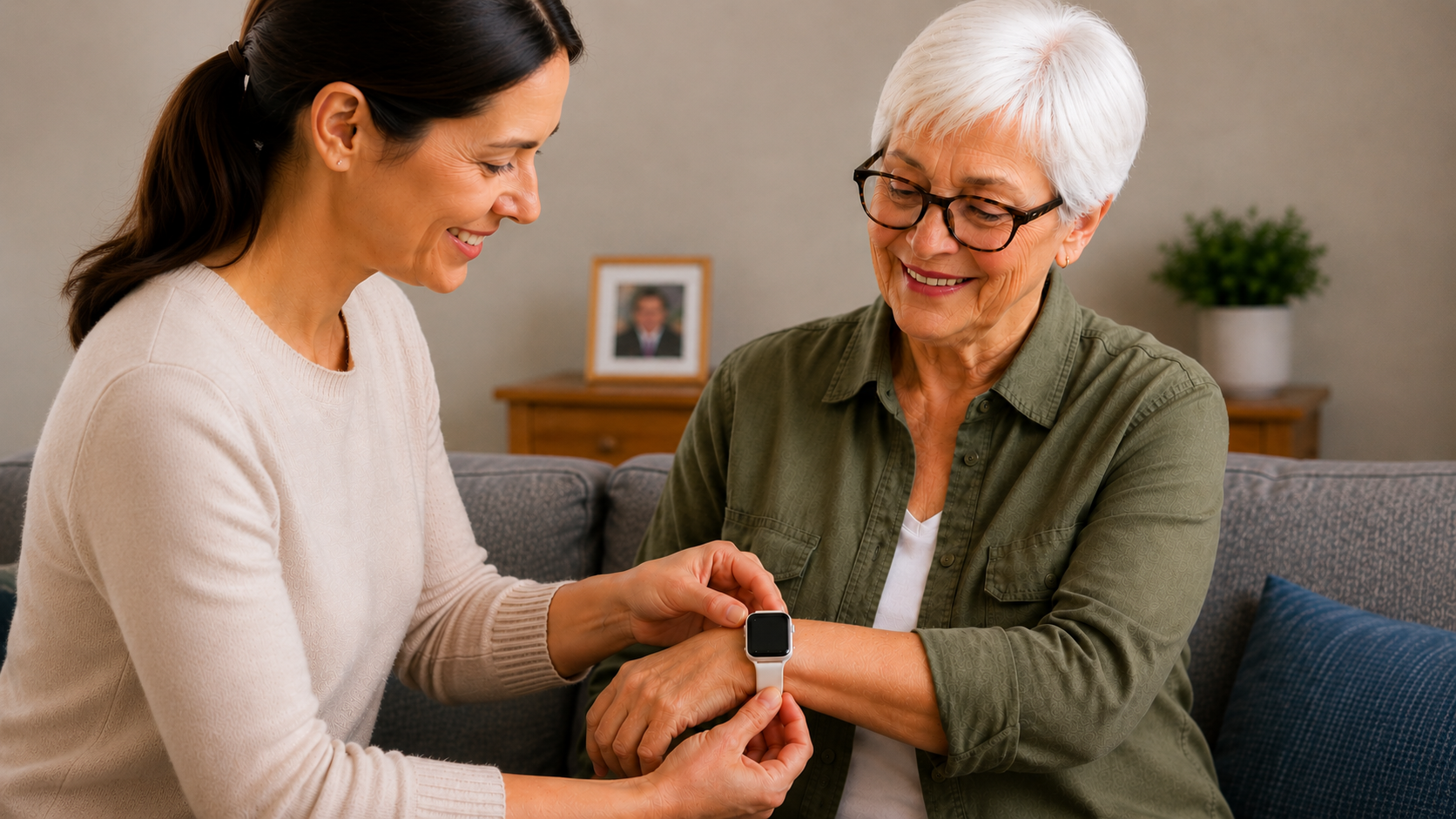 Two women at home examining a smartwatch on an older woman’s wrist, smiling together