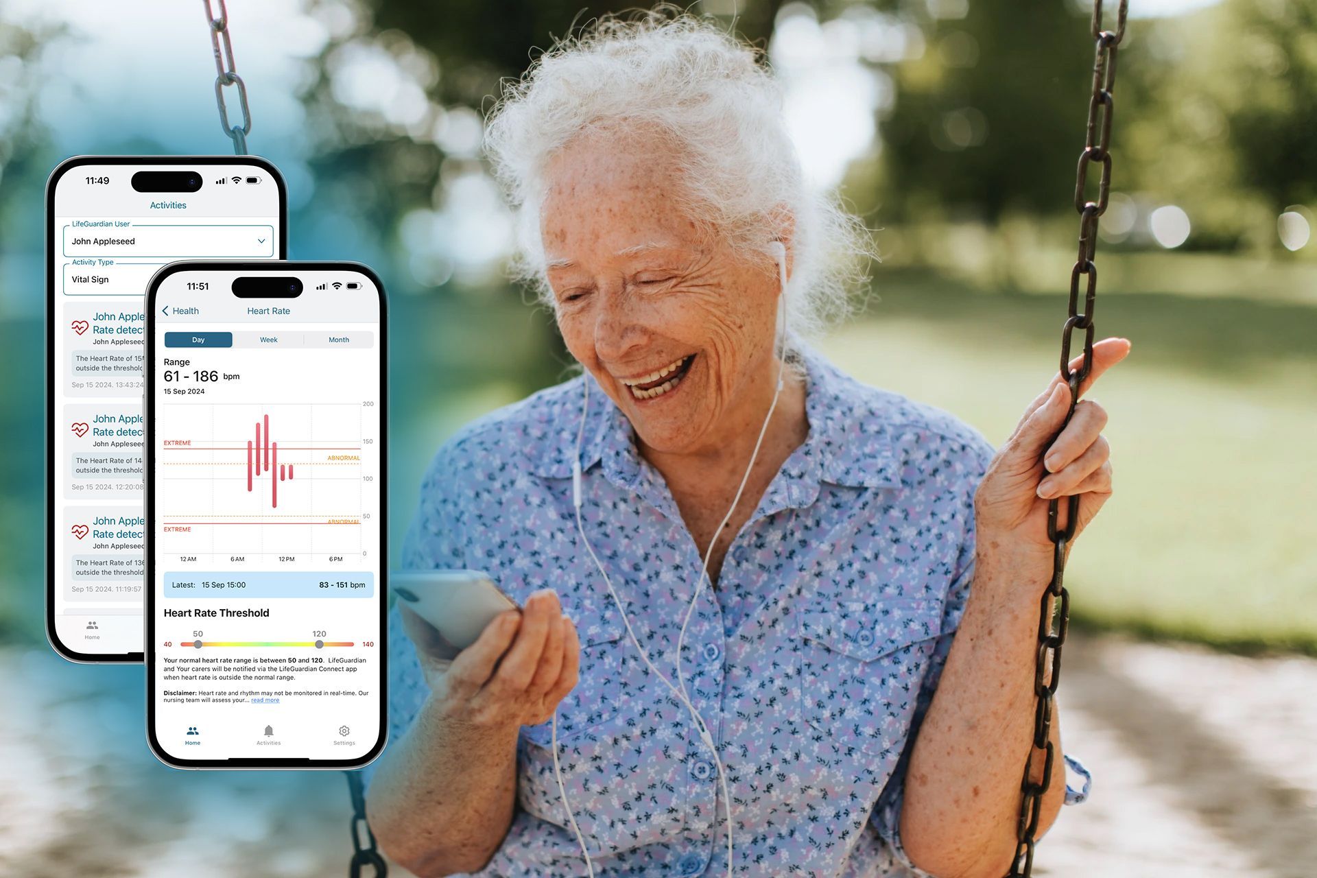 an elderly lady sitting happily on a swing