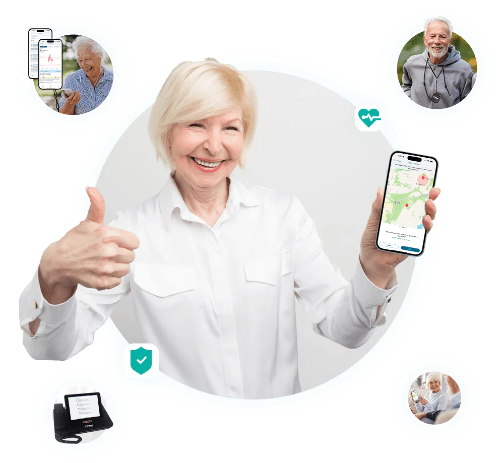 an elderly lady showing off the LifeGuard SmartCarer App