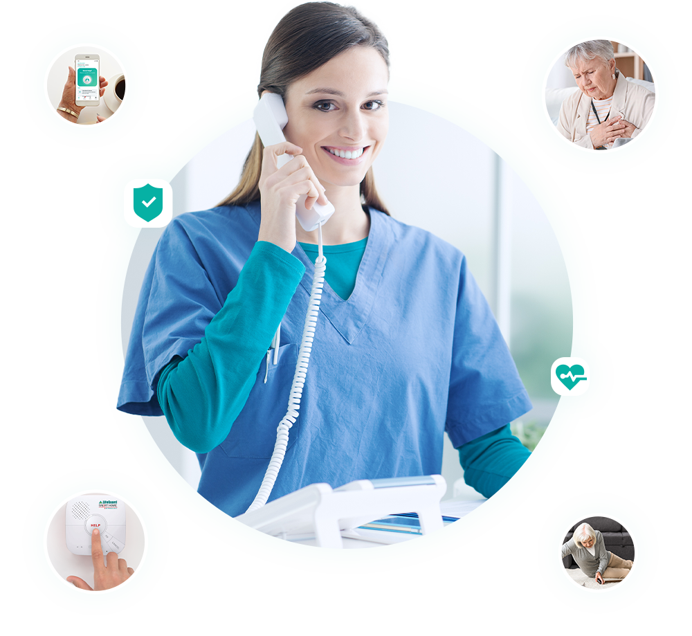 A nurse is smiling while talking on a phone.