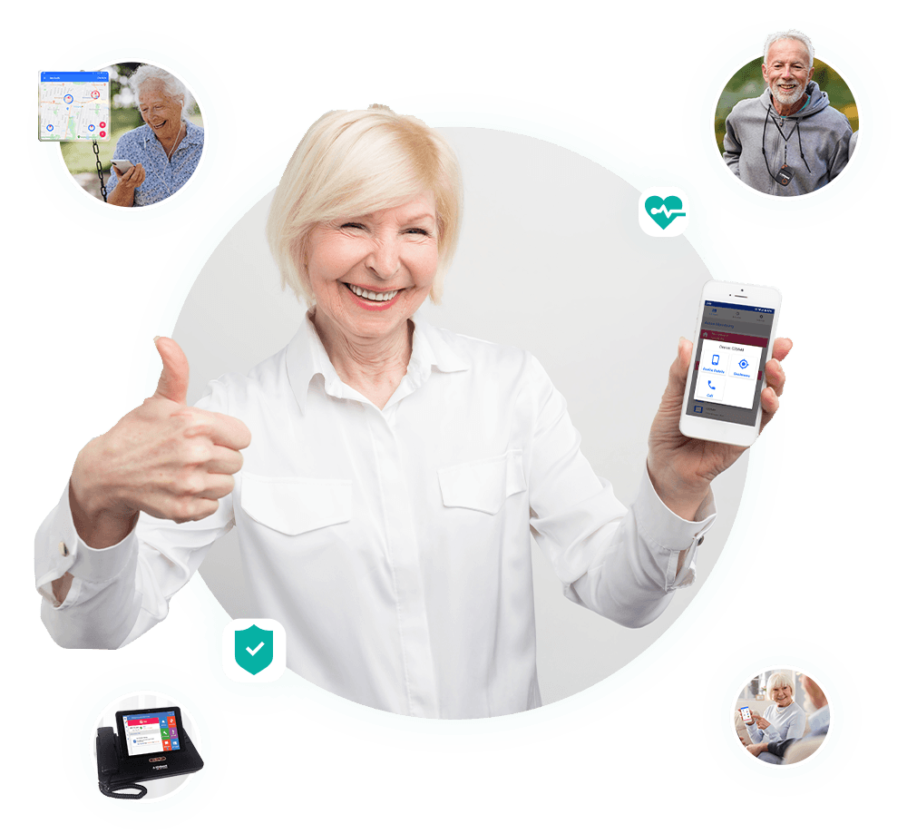 an elderly lady showing off the LifeGuard SmartCarer App