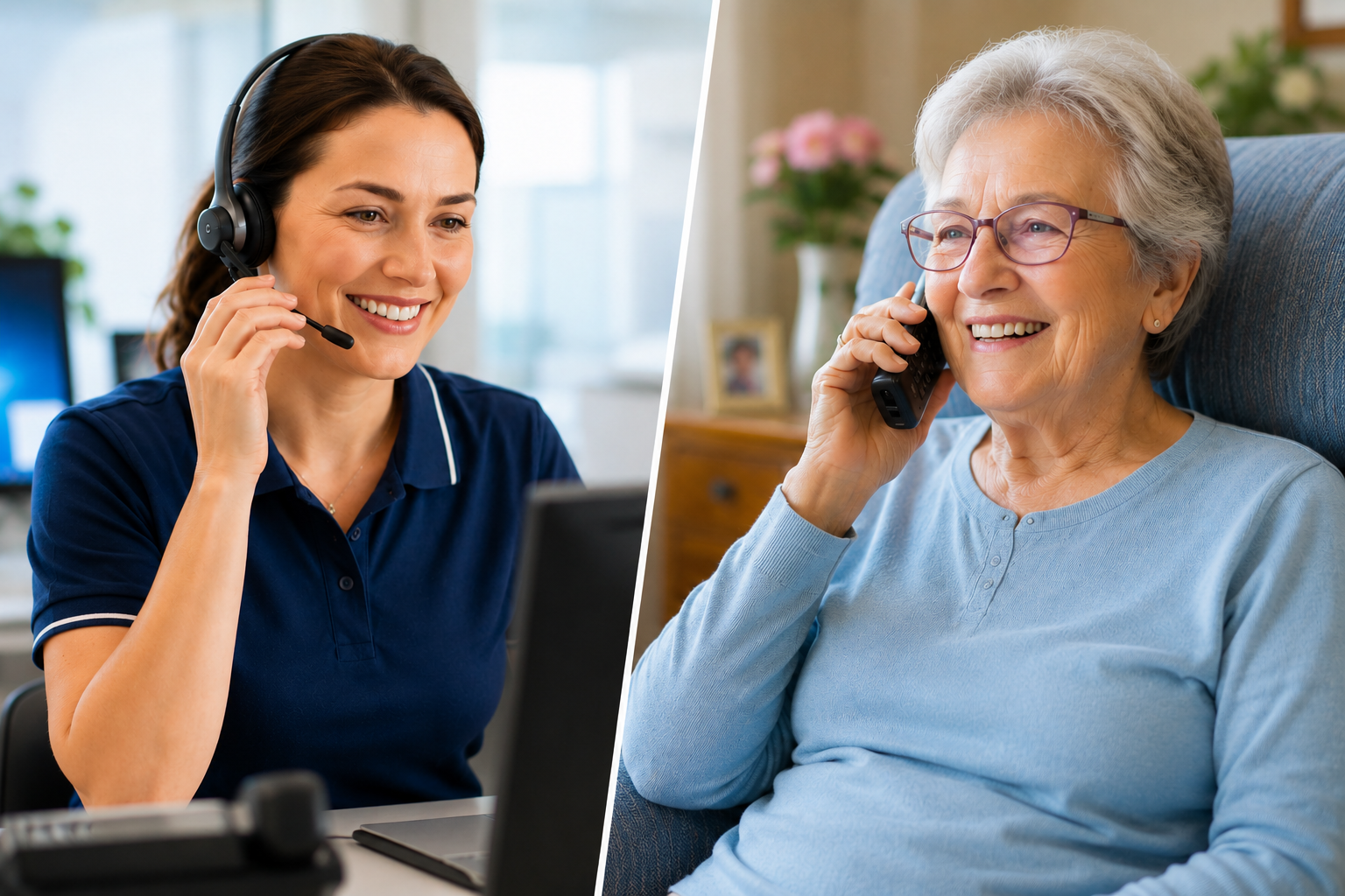 Nurse calling elderly person doing a welfare check