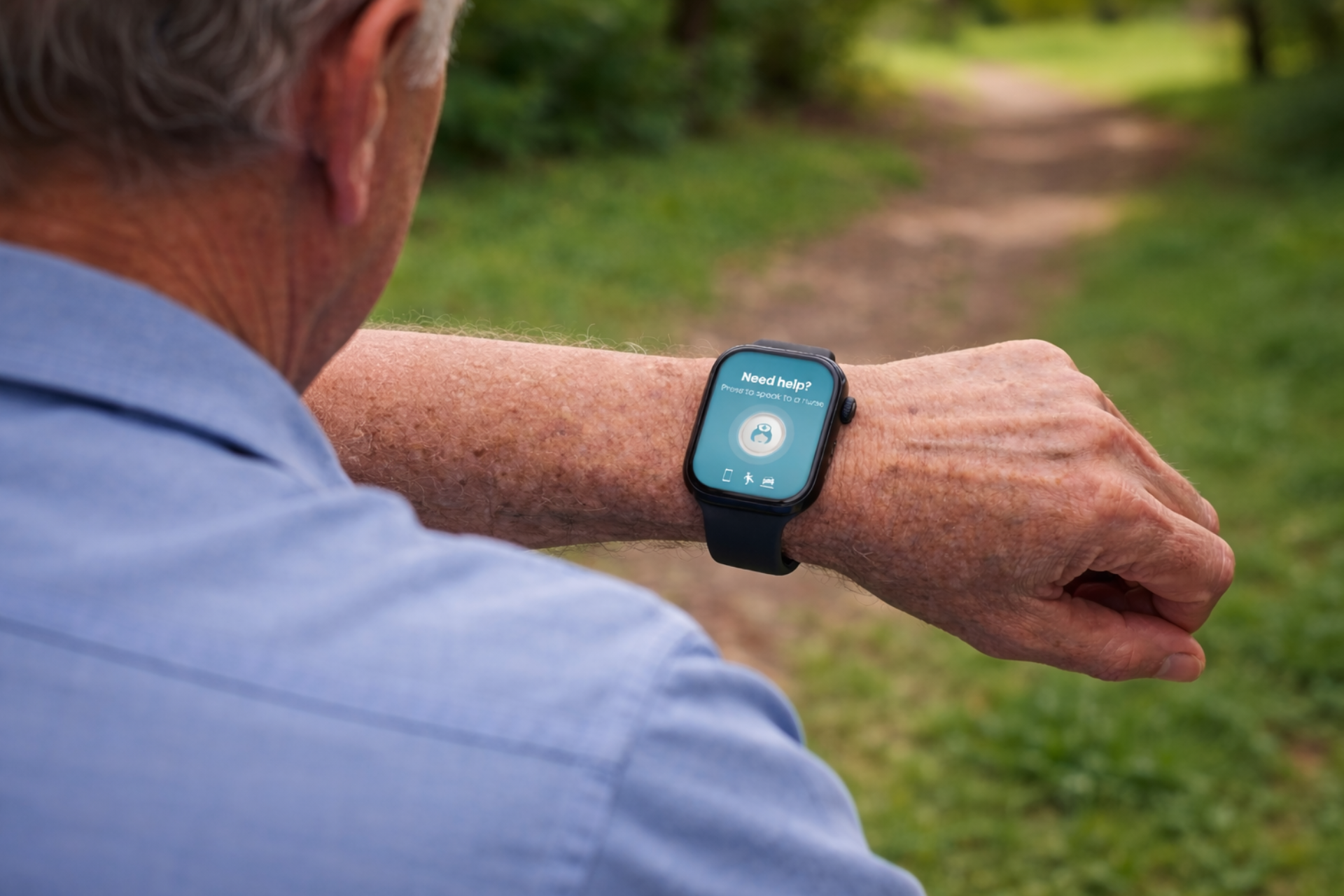 An older person wearing a smartwatch, looking at it outdoors on a walking path.
