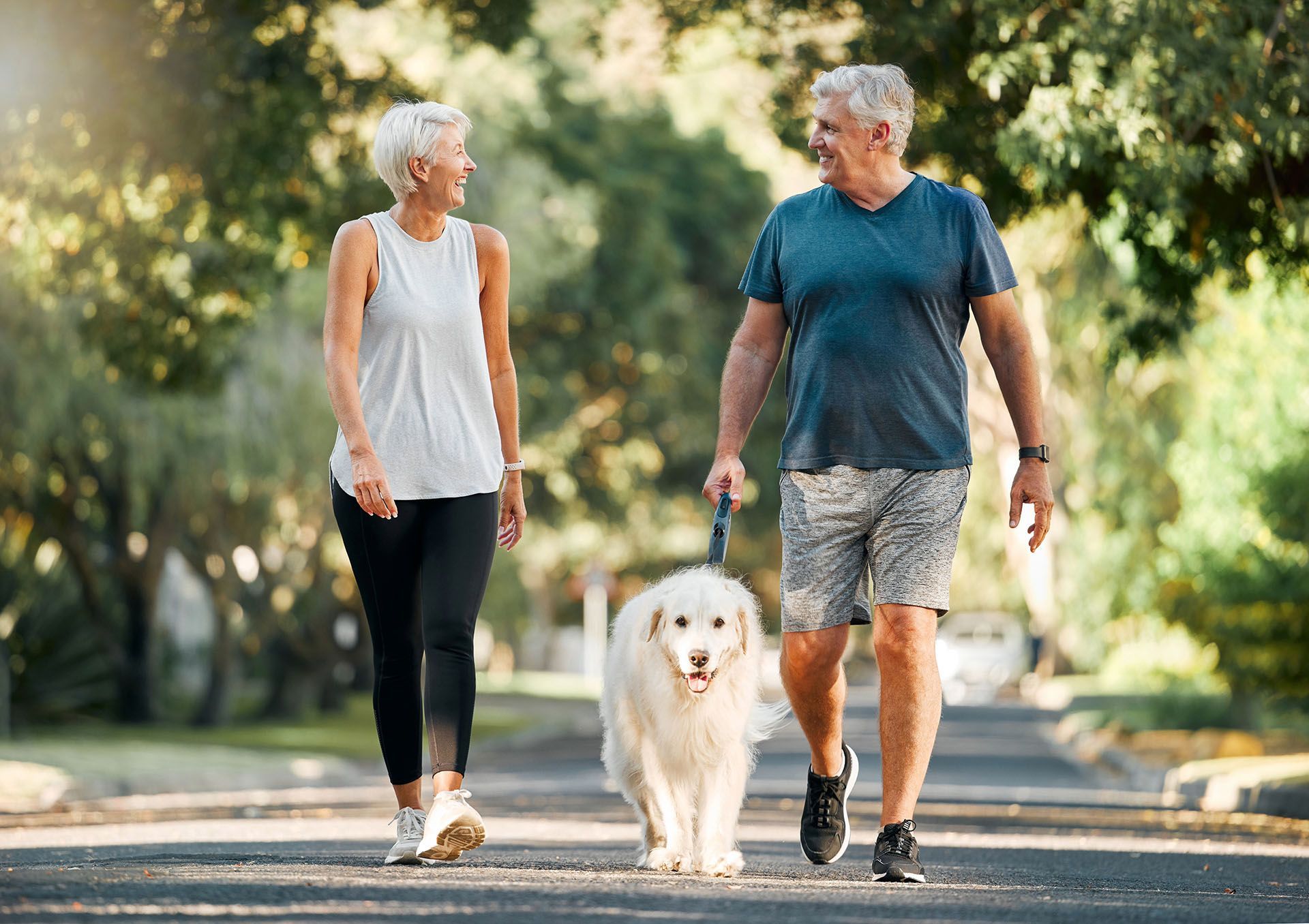 A man and a woman are walking a dog on a leash.