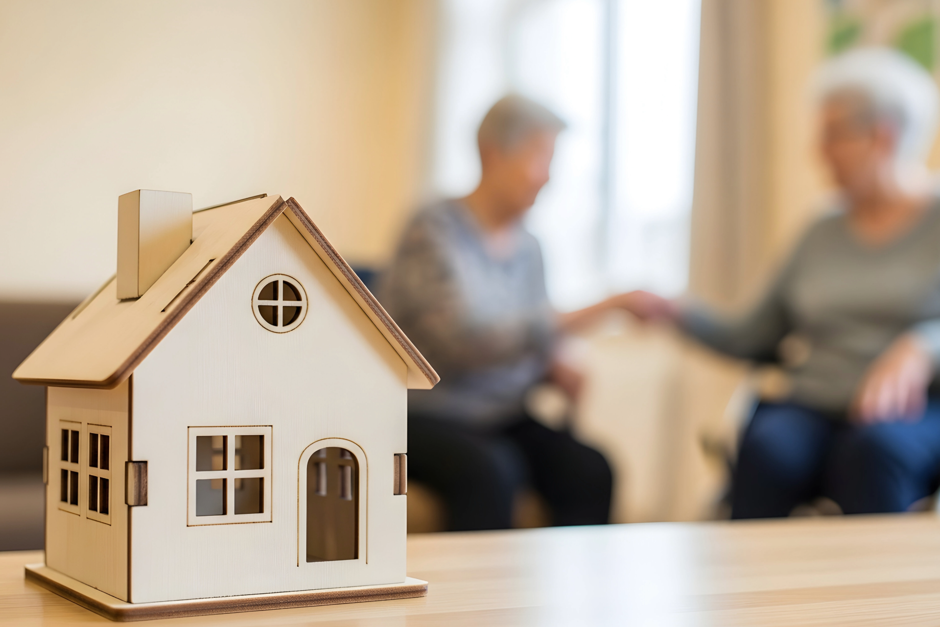 Wooden house model in foreground with two blurred people talking in the background