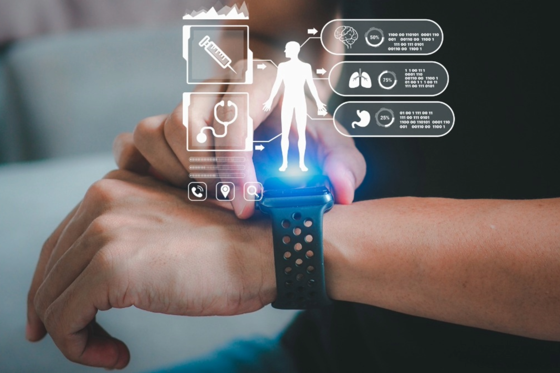 Hands checking a smartwatch with glowing health and fitness icons hovering above it