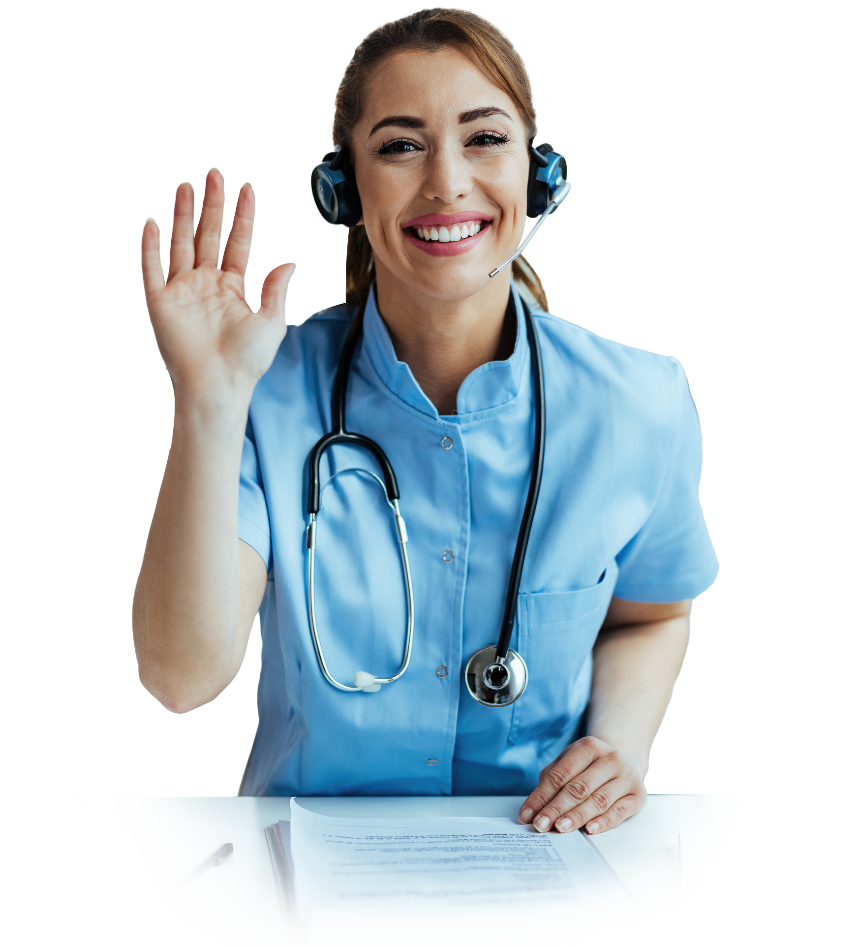 Medical professional with a stethoscope and headset waves, smiling.
