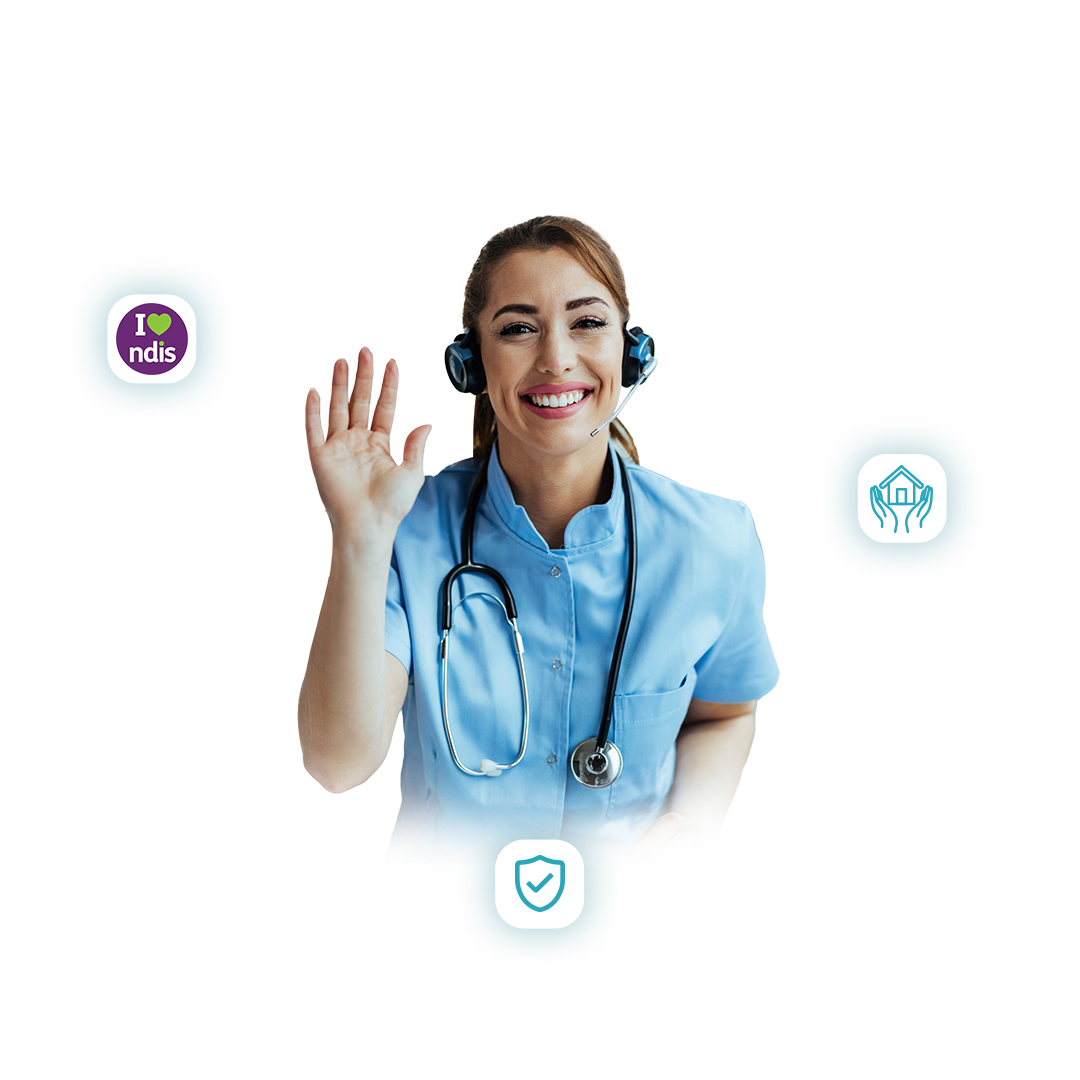 A healthcare worker with a stethoscope and headset waving, surrounded by icons for support, care, and quality assurance.