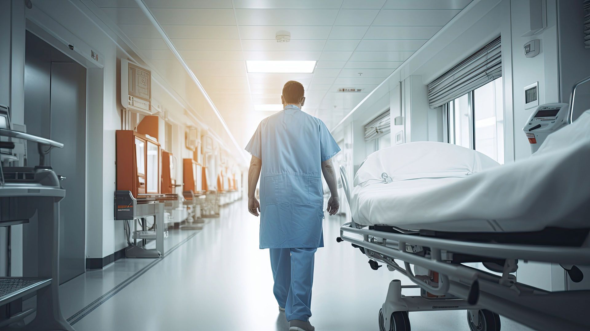 A nurse is walking down a hospital hallway with a stretcher.