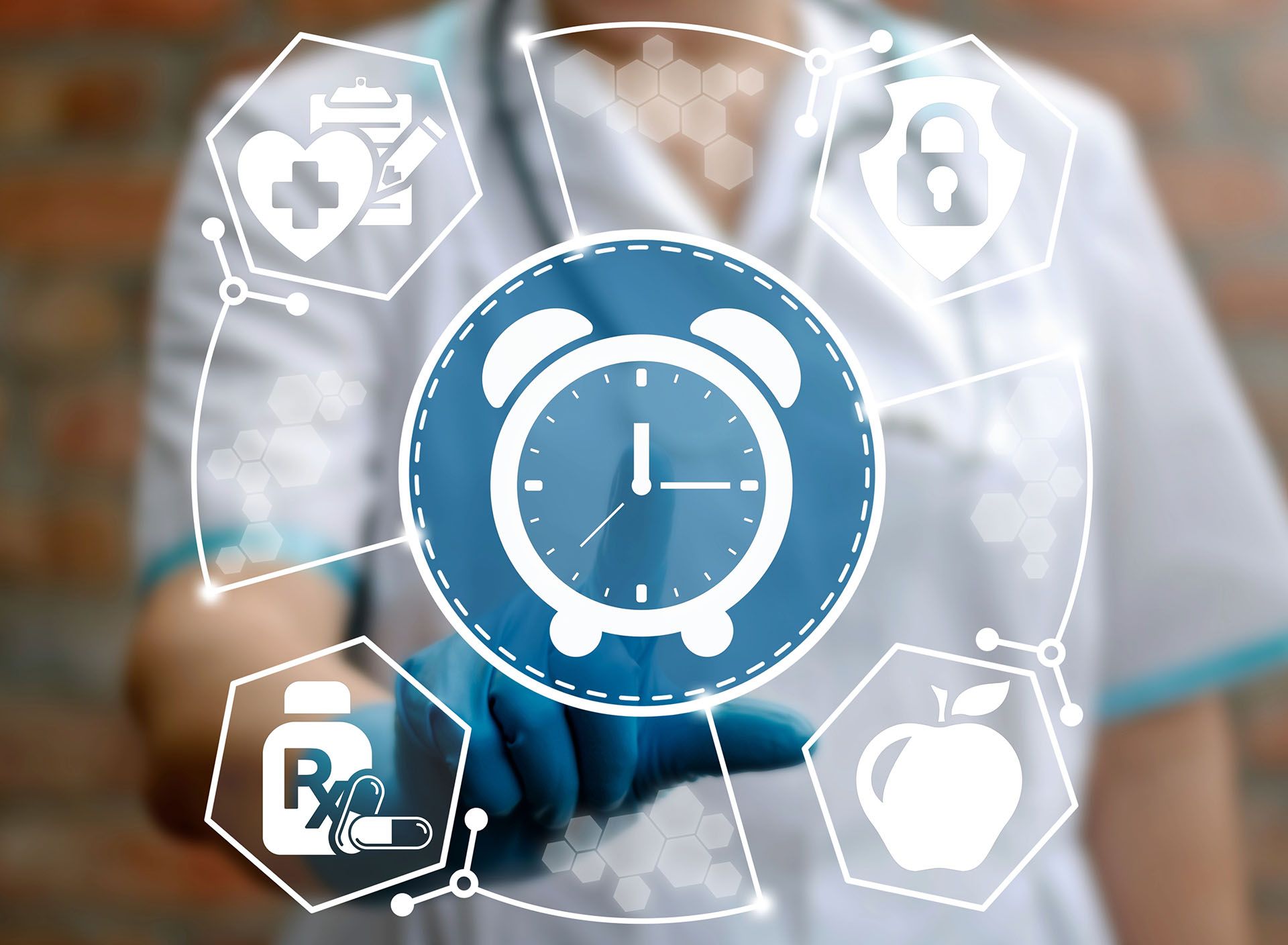 A nurse is holding a clock in her hand surrounded by medical icons.