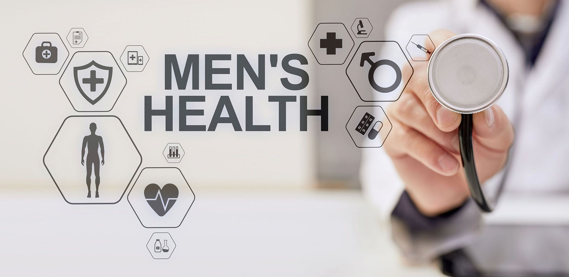 A doctor is holding a stethoscope in front of a sign that says men 's health.