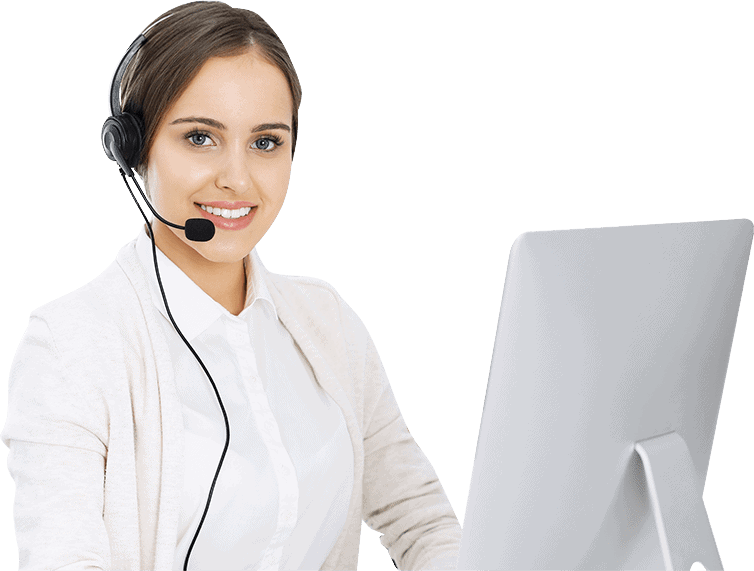 a woman wearing a headset is sitting in front of a computer