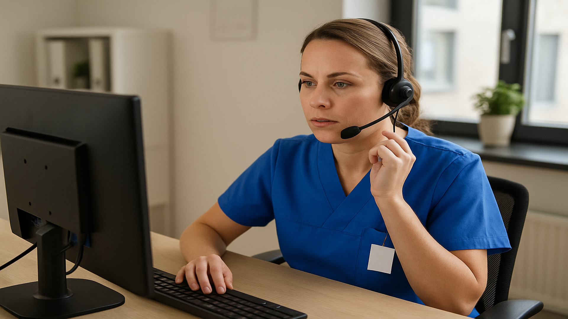 Woman in blue scrubs with headset working on a computer, possibly in a medical setting.