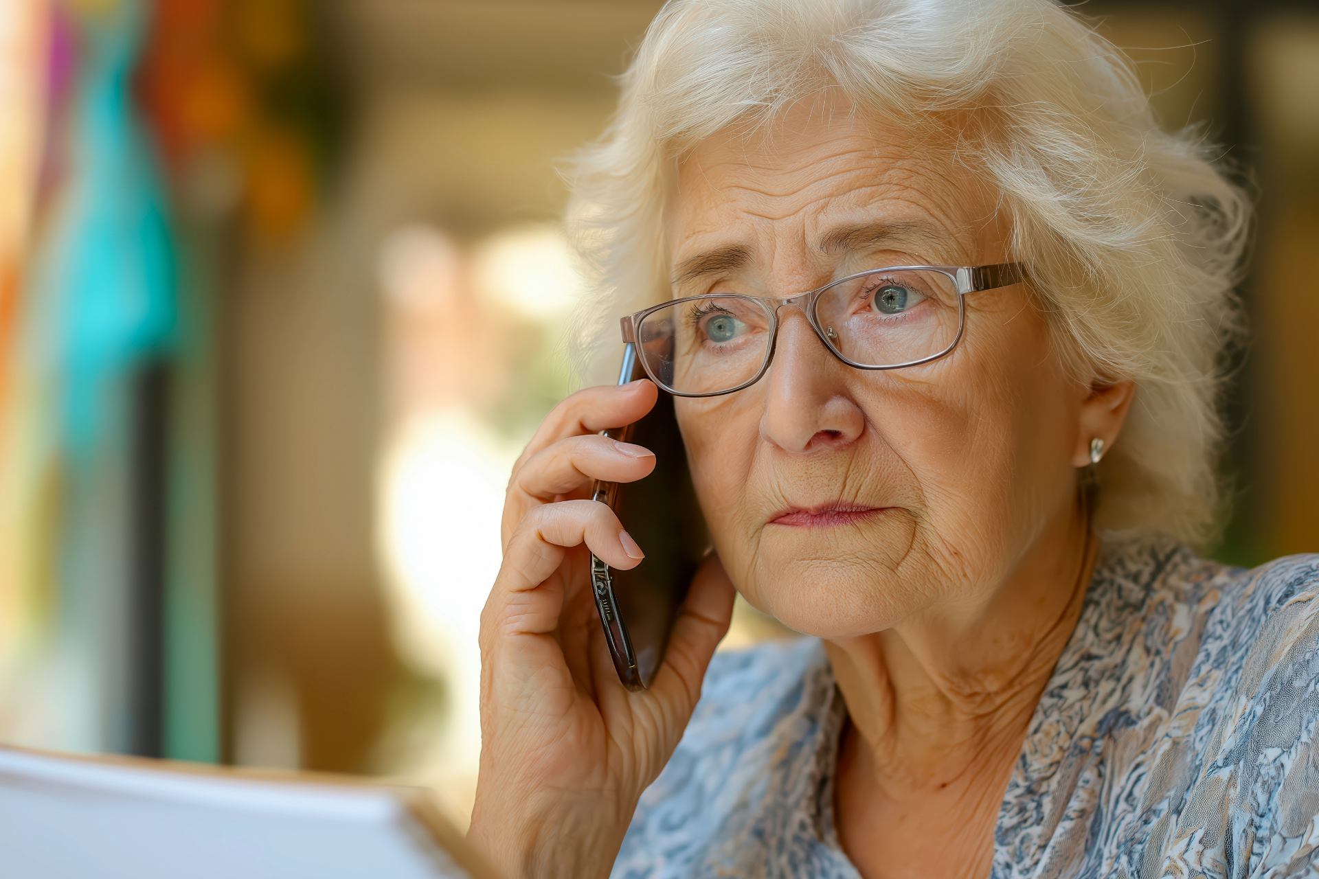 Older woman with glasses holding a cell phone to her ear, looking concerned.