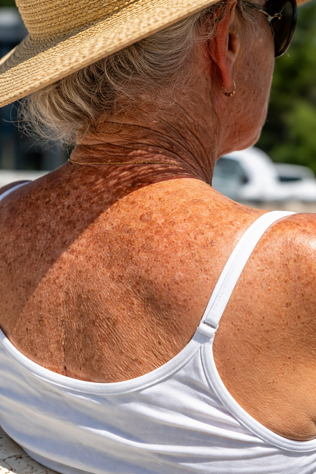 Woman's sun-speckled back and shoulders in a white tank top, wearing a straw hat; sunlit outdoors.