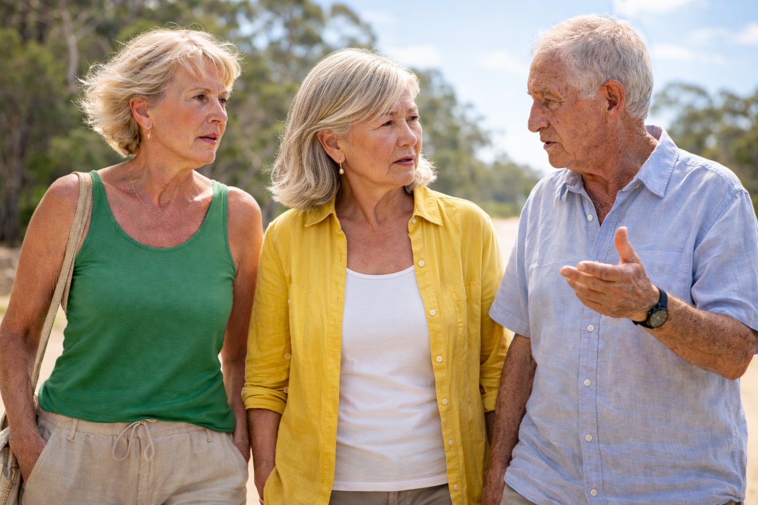 Three people outdoors talking; woman in green tank top, woman in yellow shirt, man in blue shirt gesturing.