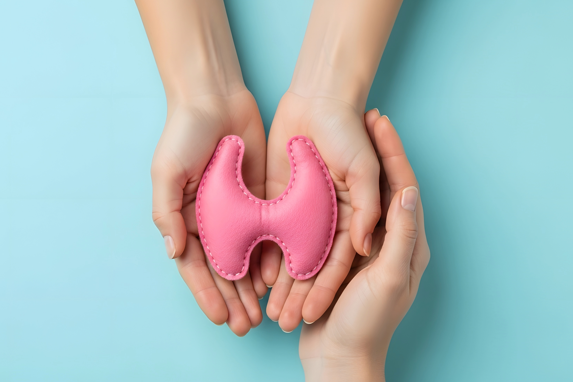 Hands holding a pink thyroid-shaped ribbon on a light blue background