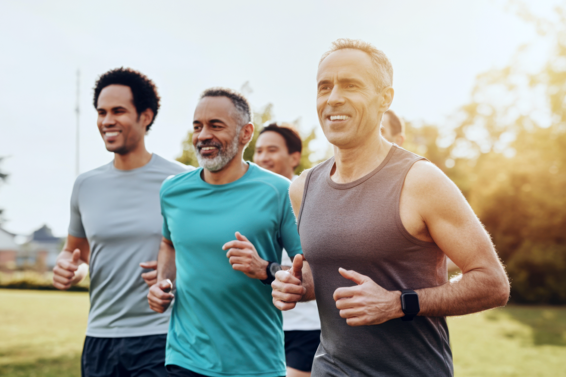 Three people jog outdoors on a sunny day, smiling and wearing athletic clothes, with a blurred green background.