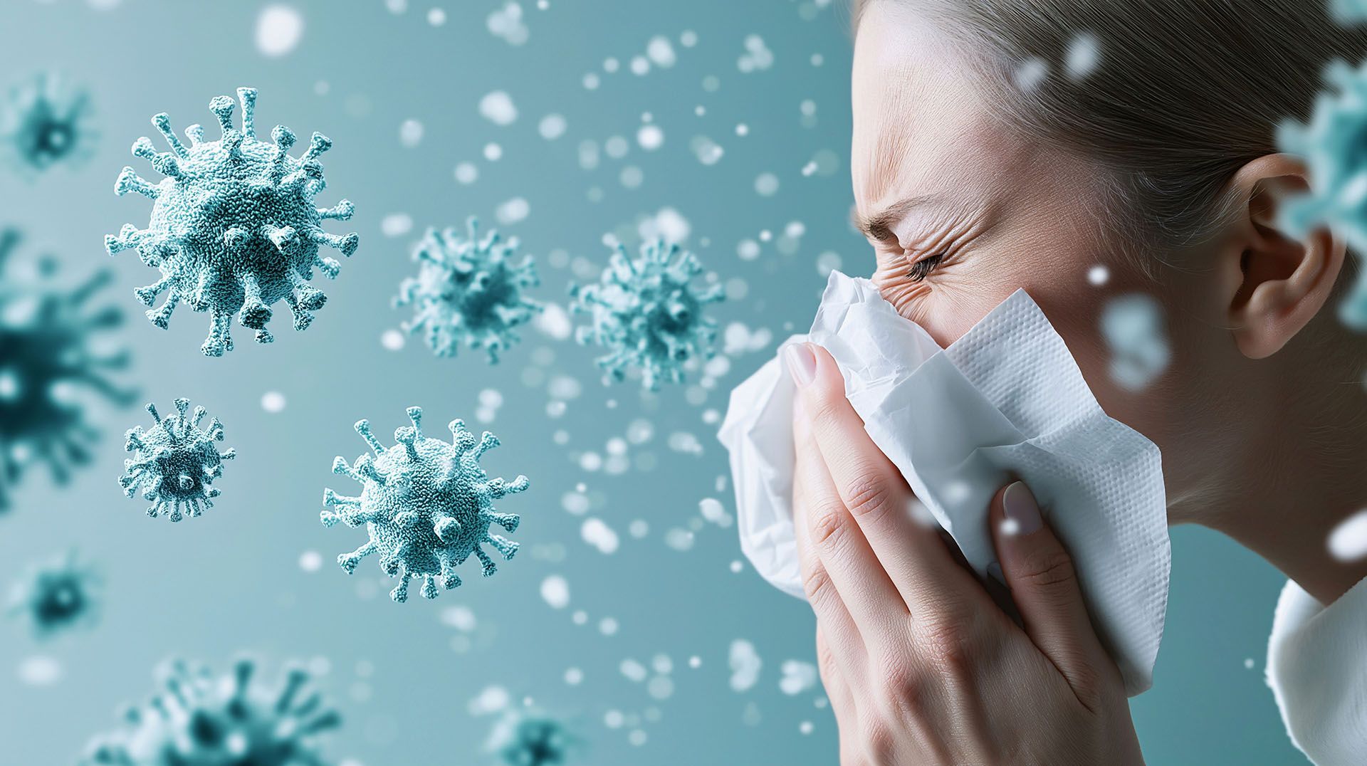 A woman is blowing her nose into a napkin.