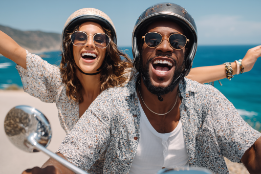 Man and woman on a scooter, smiling, near the ocean. Woman has arms up, both wearing sunglasses and helmets.