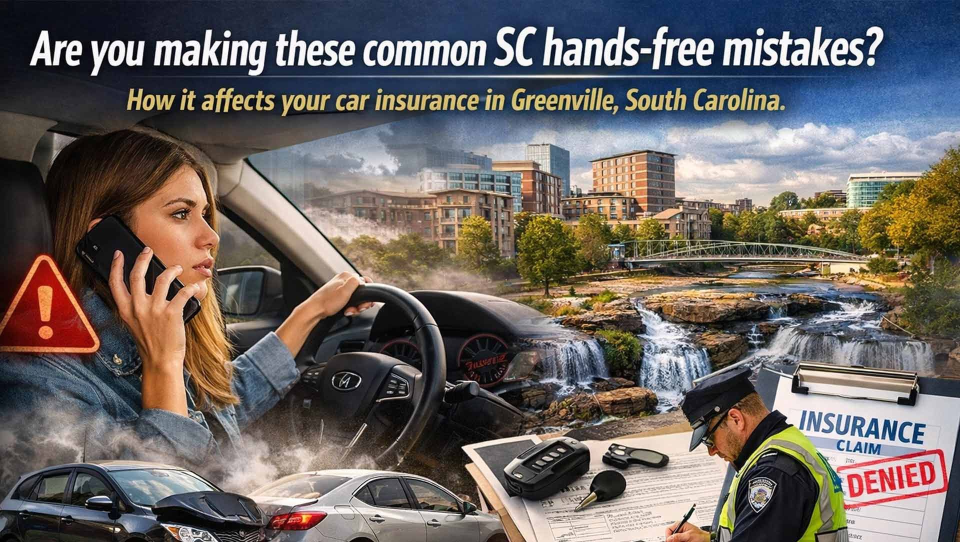 A driver holds a phone while driving, a car accident, a police officer writing a report, and a denied insurance claim.