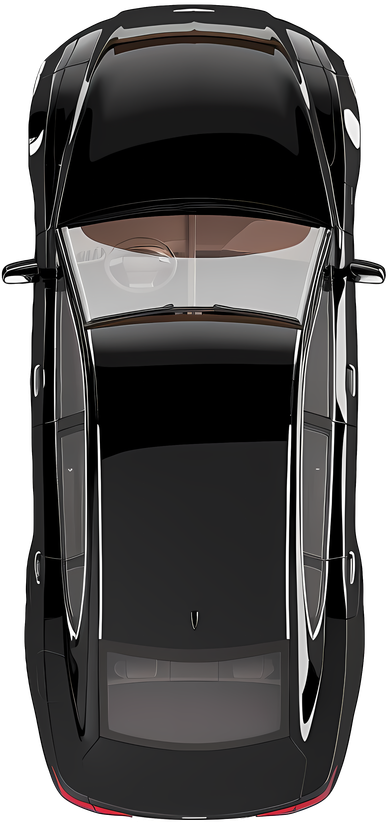 Overhead view of a black car, showing the roof, windows, and doors.
