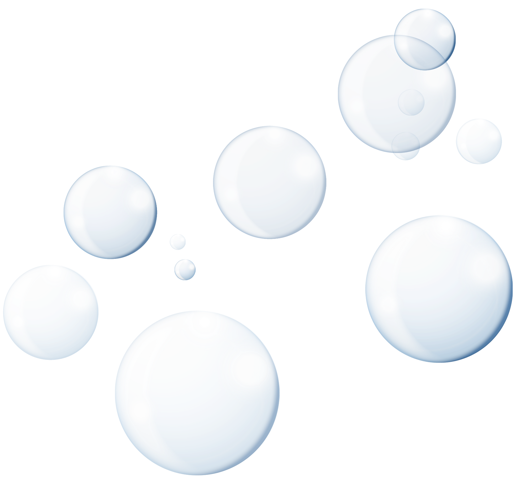 Bubbles of varying sizes floating against a white background, with light blue highlights.