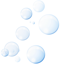 Blue, translucent bubbles of varying sizes float against a white background.