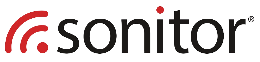 Sonitor logo with red signal waves and dot, black text.