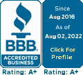 BBB Accredited Business logo, A+ rating since 2016, as of Aug 02, 2022.
