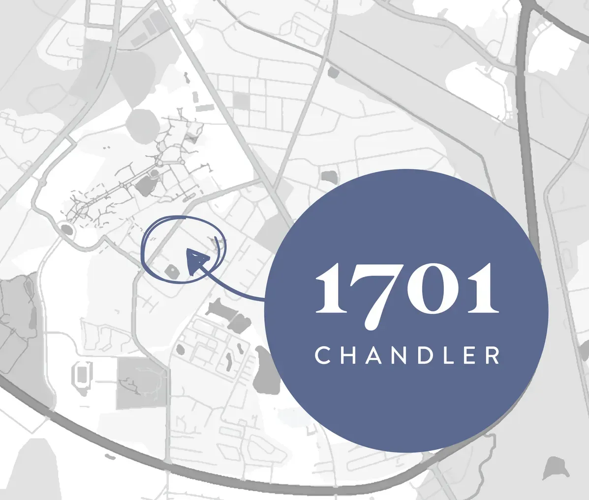 A stylized map with a blue circle labeled