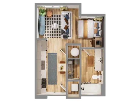 A 2D top-down floor plan of a one-bedroom apartment with a kitchen, living area, dining space, bathroom, and bedroom.