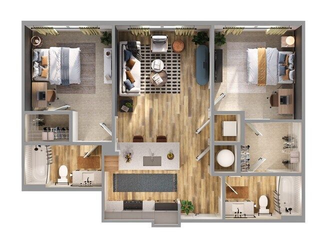 A 3D floor plan of a two-bedroom apartment with a central living area, kitchen, and two bathrooms.
