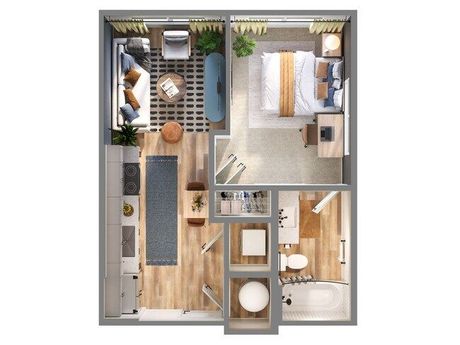 Top-down floor plan of a one-bedroom apartment with a kitchen, living area, bedroom, and bathroom.