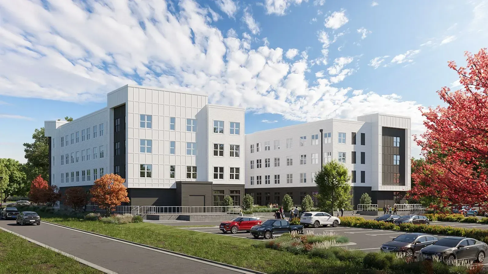 Exterior rendering of a modern white apartment complex with parking and landscaping.