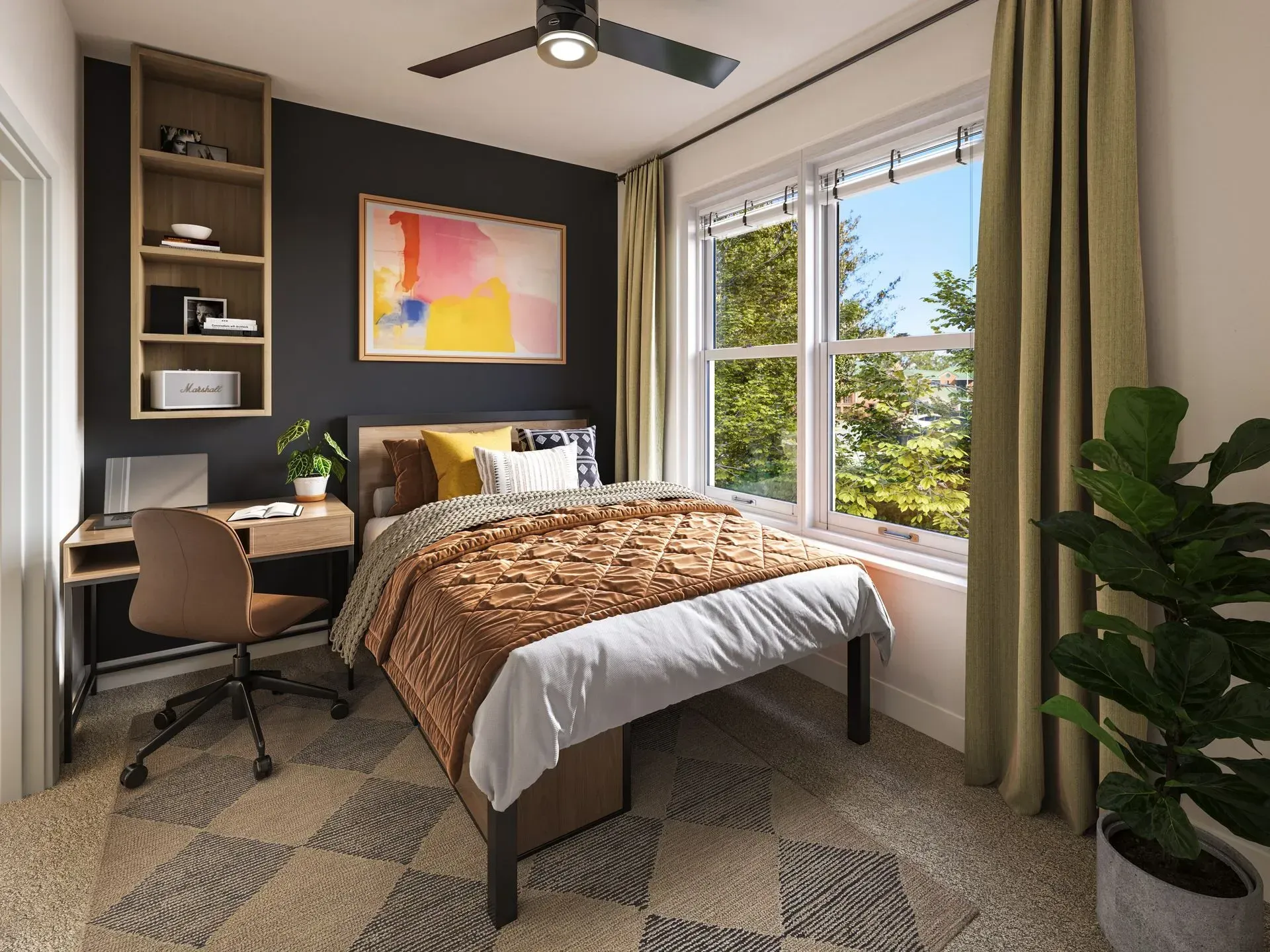Modern apartment bedroom with bed, desk, shelves, dark accent wall, ceiling fan, and large window with curtains.