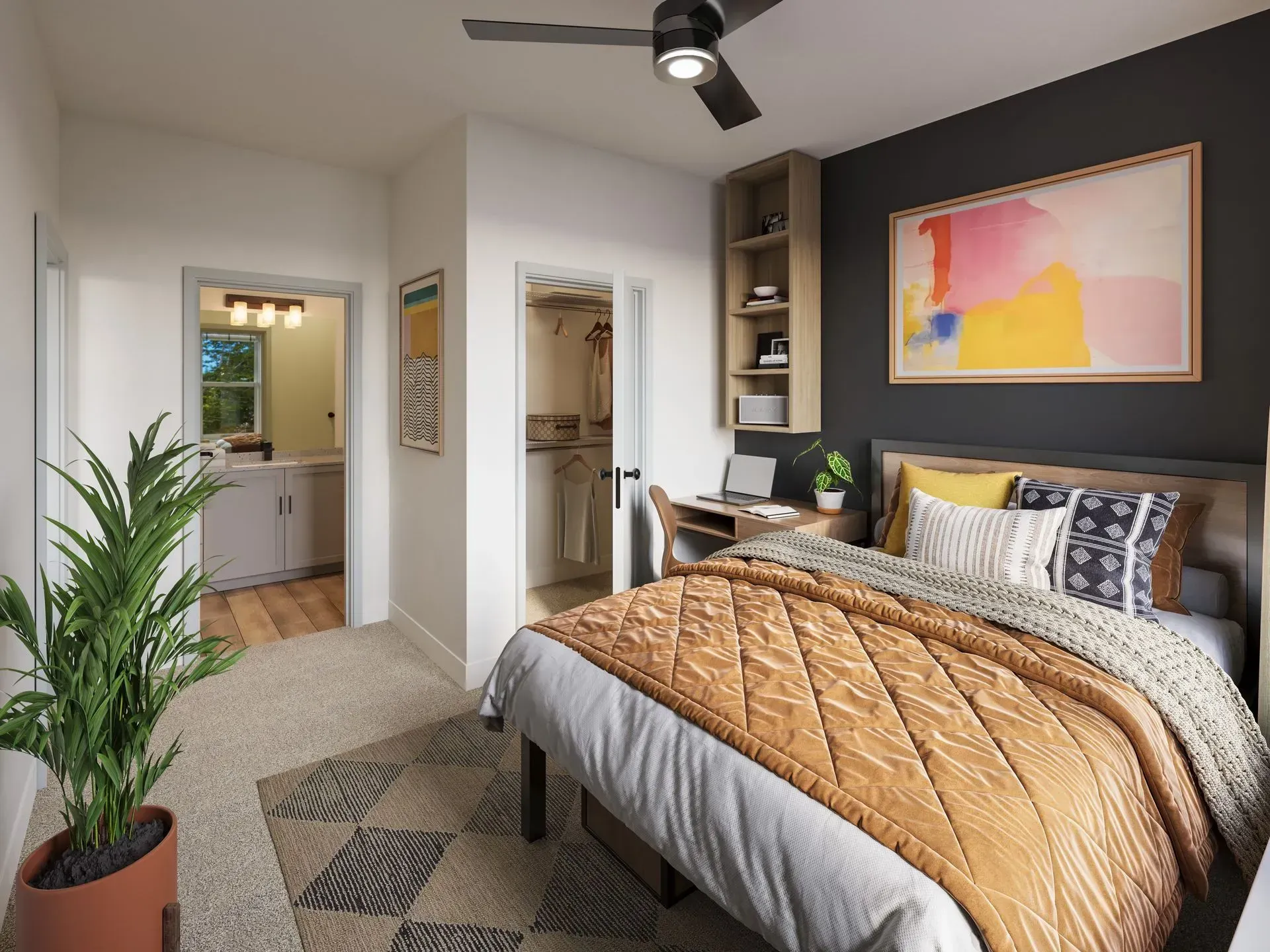 Modern apartment bedroom with a large bed, black accent wall, shelves, and open closet/bathroom doorway.