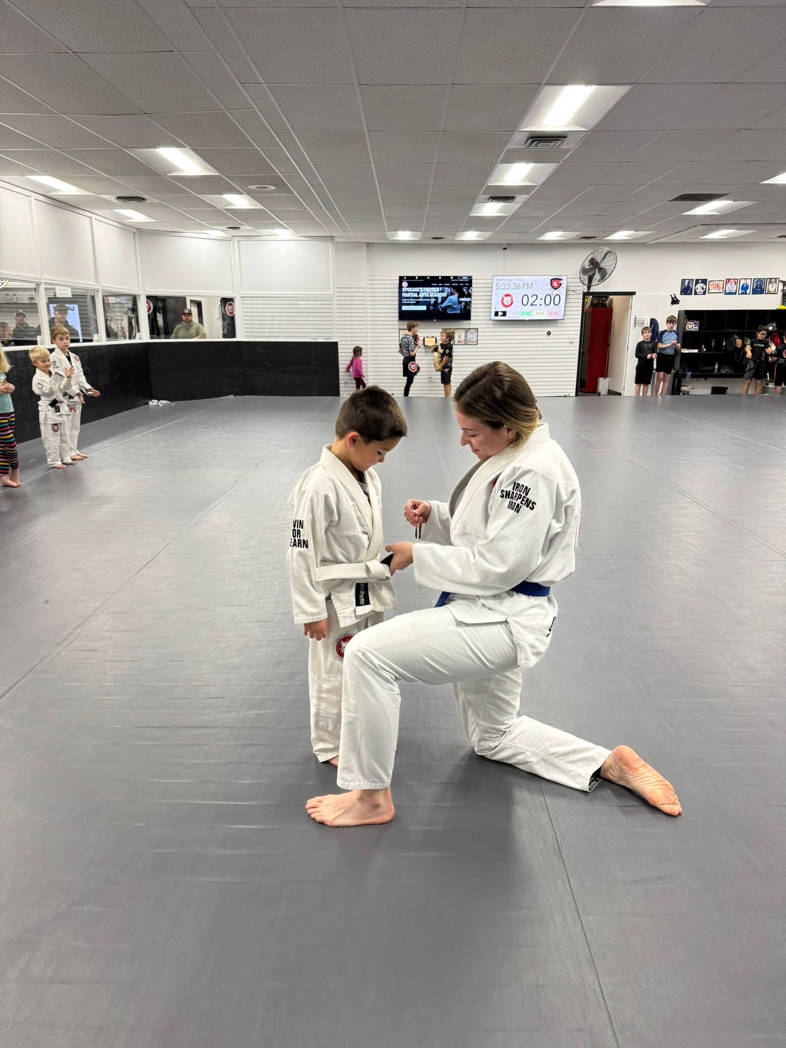 Kids drilling partner techniques at Grit Jiu-Jitsu & Muay Thai Martial Arts in Spokane Valley, WA.