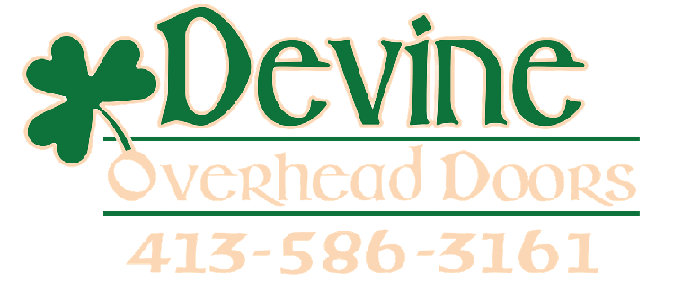 Devine Overhead Doors Logo for Devine Overhead Doors, green shamrock and Devine text with phone number.