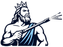 King Neptune holding a pressure washer, spraying water.