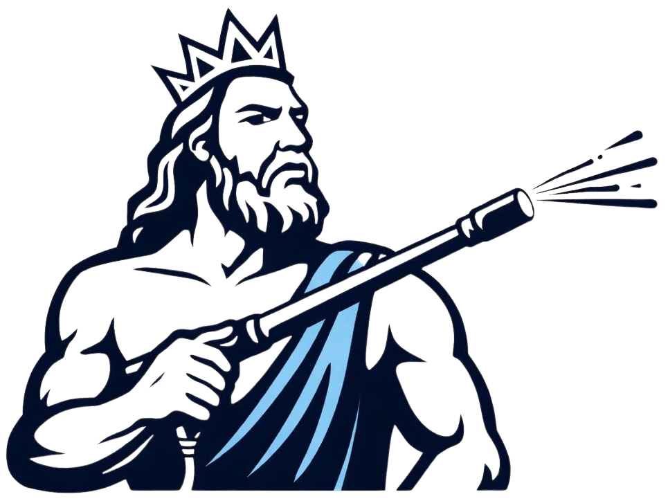 King Neptune holding a pressure washer, spraying water.