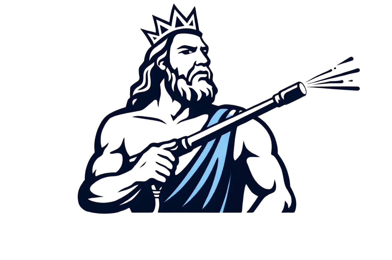 King Neptune holding a pressure washer, muscular build, crown, in a blue and orange circle.