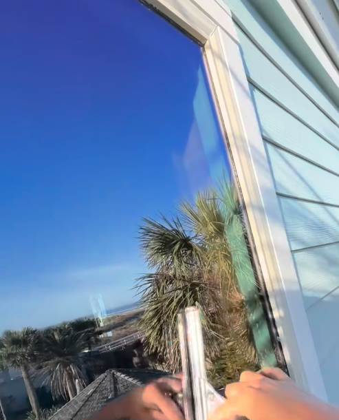 Hands squeegeeing a window, reflecting a blue sky, palm trees, and buildings.
