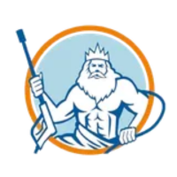 King Neptune holding a pressure washer, muscular build, crown, in a blue and orange circle.